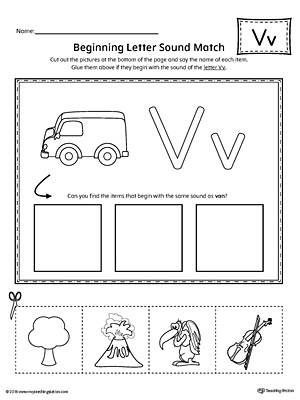 Practice matching the picture that represents the beginning sound of the letter V with the correct letter shape.