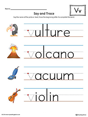 Practice saying and tracing words that begin with the letter V sound in this printable worksheet.