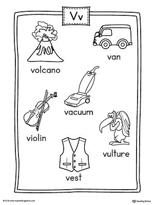 letter v word list with illustrations printable poster