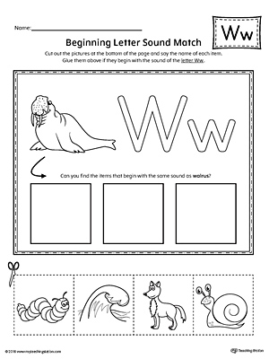 Practice matching the picture that represents the beginning sound of the letter W with the correct letter shape.