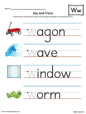 Say and Trace: Letter W Beginning Sound Words Worksheet (Color