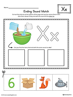 Practice matching pictures that end with the letter X sound with the correct letter shape in this printable worksheet.