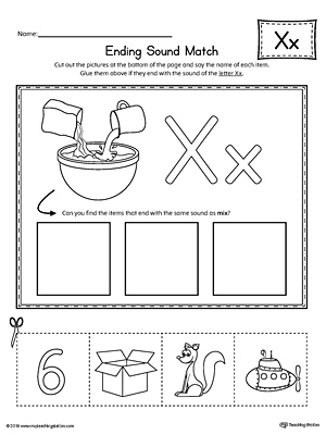 Practice matching the picture that represents the ending sound of the letter X with the correct letter shape.