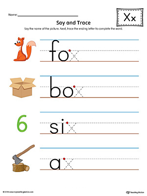 Practice saying and tracing words that end with the letter X sound in this printable worksheet.