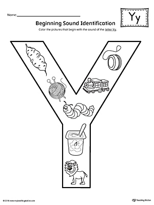 letter y beginning sound color pictures worksheet