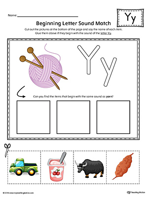 Practice matching pictures that begin with the letter Y sound with the correct letter shape in this printable worksheet.