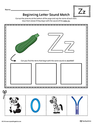 Practice matching pictures that begin with the letter Z sound with the correct letter shape in this printable worksheet.