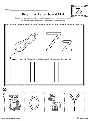 Practice matching the picture that represents the beginning sound of the letter Z with the correct letter shape.