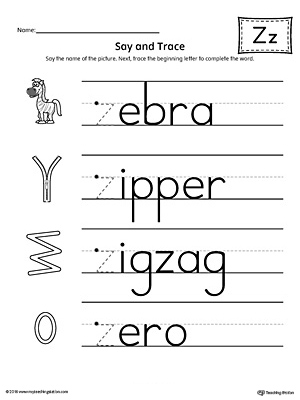Say and Trace: Letter Z Beginning Sound Words Worksheet