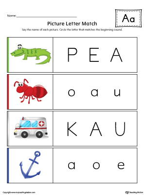 Picture Letter Match: Letter A printable worksheet will help your preschooler practice recognizing the beginning sound of the letter A.