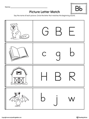 Use the Picture Letter Match: Letter B printable worksheet to practice recognizing the beginning sound of the letter B.