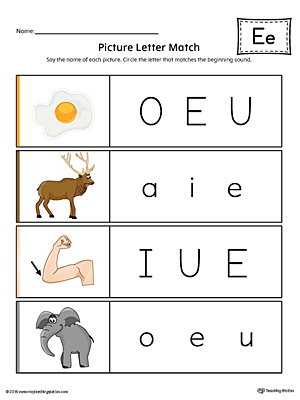 Picture Letter Match: Letter E printable worksheet will help your preschooler practice recognizing the beginning sound of the letter E.
