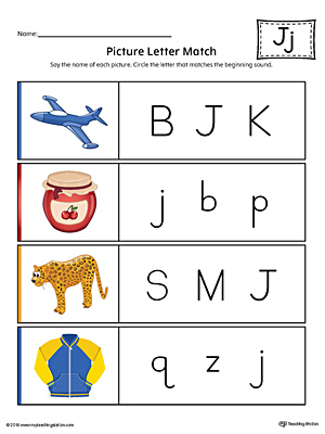 Picture Letter Match: Letter J Worksheet (Color)