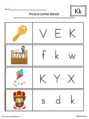 Picture Letter Match: Letter K Worksheet (Color)