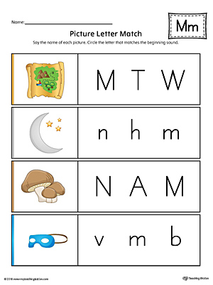 Picture Letter Match: Letter M Worksheet (Color)