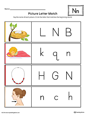 Picture Letter Match: Letter N Worksheet (Color)