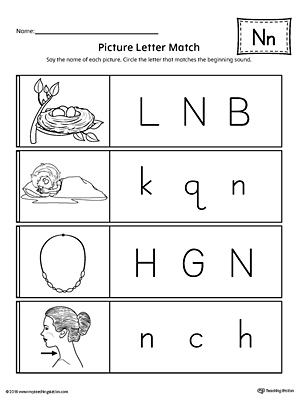 Use the Picture Letter Match: Letter N printable worksheet to practice recognizing the beginning sound of the letter N.