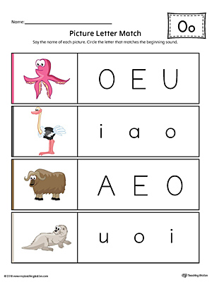Picture Letter Match: Letter O Worksheet (Color)
