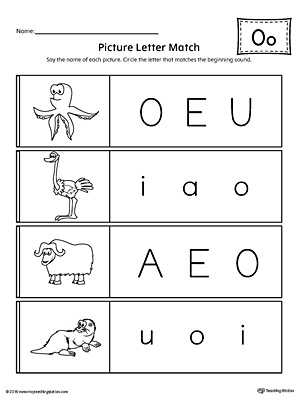Use the Picture Letter Match: Letter O printable worksheet to practice recognizing the beginning sound of the letter O.