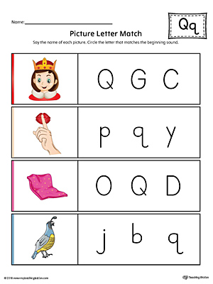 Picture Letter Match: Letter Q printable worksheet will help your preschooler practice recognizing the beginning sound of the letter Q.