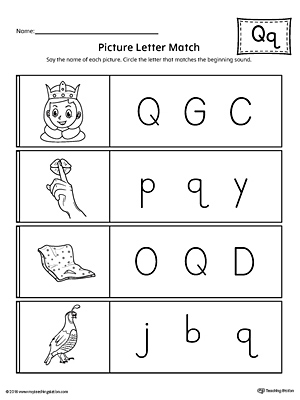 Use the Picture Letter Match: Letter Q printable worksheet to practice recognizing the beginning sound of the letter Q.