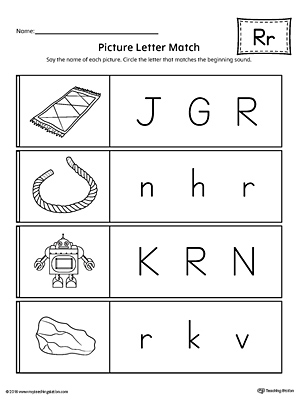 Use the Picture Letter Match: Letter R printable worksheet to practice recognizing the beginning sound of the letter R.