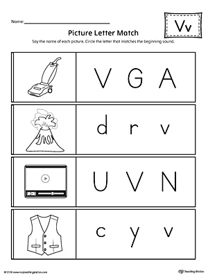 Use the Picture Letter Match: Letter V printable worksheet to practice recognizing the beginning sound of the letter V.