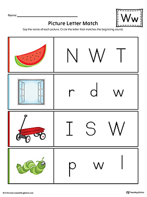 Picture Letter Match: Letter W Worksheet (Color)