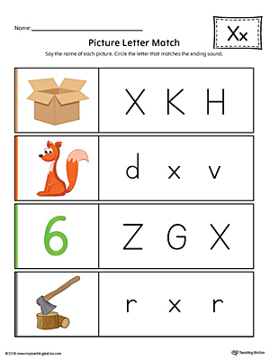 Picture Letter Match: Letter X Worksheet (Color)