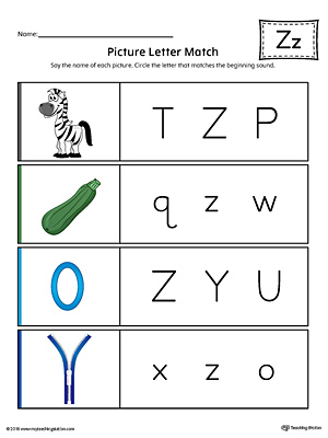 Picture Letter Match: Letter Z printable worksheet will help your preschooler practice recognizing the beginning sound of the letter Z.