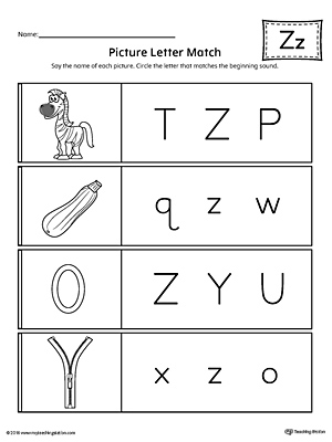 Picture Letter Match: Letter Z Worksheet