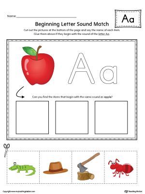 Practice matching pictures that begin with the short letter A sound with the correct letter shape in this printable worksheet.