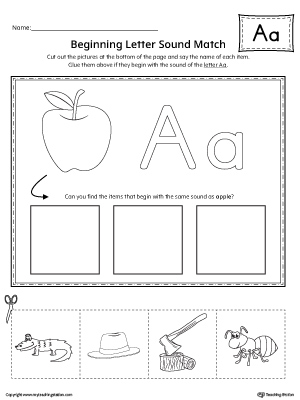 Practice matching the picture that represents the beginning sound of the short letter A with the correct letter shape.