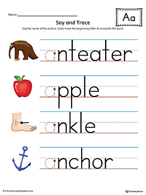 Say and Trace: Short Letter A Beginning Sound Words Worksheet (Color)