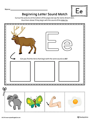 Practice matching pictures that begin with the short letter E sound with the correct letter shape in this printable worksheet.