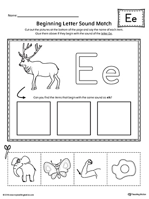 Practice matching the picture that represents the beginning sound of the short letter E with the correct letter shape.