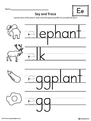Use the Say and Trace: Short Letter E Beginning Sound Words Worksheet to help your preschooler practice recognizing the beginning sound of the letter E and tracing the letter.