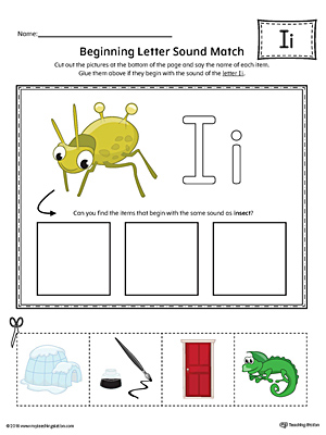 Short Letter I Beginning Sound Picture Match Worksheet (Color)