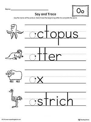 Use the Say and Trace: Short Letter O Beginning Sound Words Worksheet to help your preschooler practice recognizing the beginning sound of the letter O and tracing the letter.