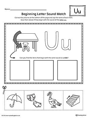 Practice matching the picture that represents the beginning sound of the short letter U with the correct letter shape.