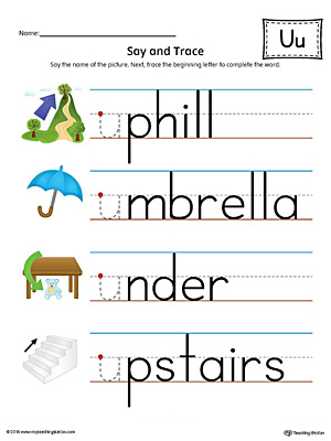 Practice saying and tracing words that begin with the short letter U sound in this printable worksheet.
