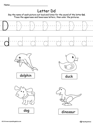 Preschool learning letter sounds printable activity worksheets. Encourage your child to learn letter sounds by practicing saying the name of the picture and tracing the uppercase and lowercase letter D in this printable worksheet.
