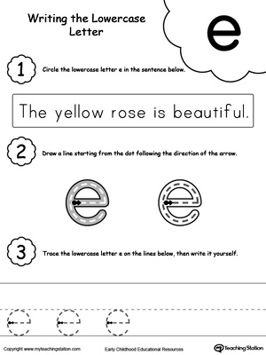 Practice writing alphabet lowercase letter E in this printable worksheet.
