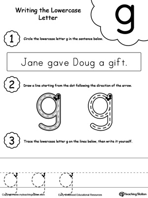 Practice writing alphabet lowercase letter G in this printable worksheet.