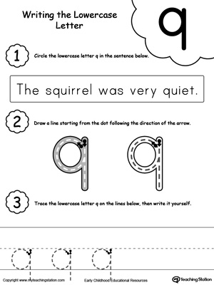 Practice writing alphabet lowercase letter Q in this printable worksheet.