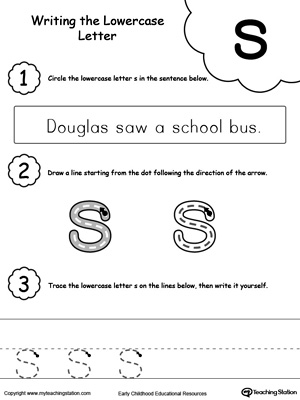 Practice writing alphabet lowercase letter S in this printable worksheet.