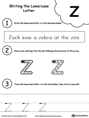 Practice writing alphabet lowercase letter Z in this printable worksheet.