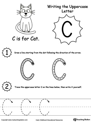 Help your child practice writing the uppercase letter C with this printable worksheet.