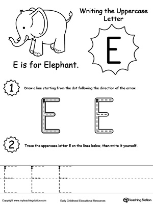 Help your child practice writing the uppercase letter E with this printable worksheet.