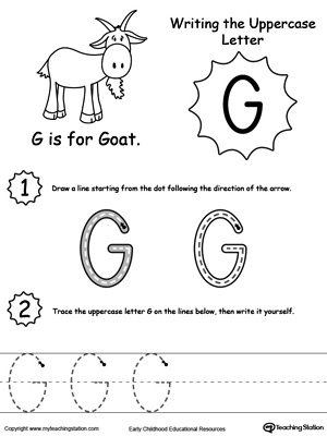 Help your child practice writing the uppercase letter G with this printable worksheet.